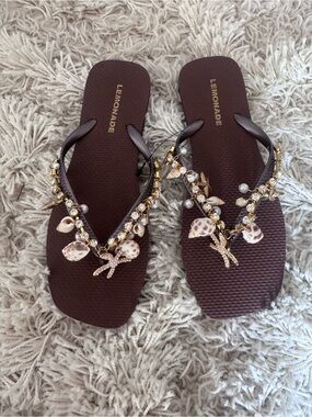 Shell & Pearl Brown Embellished Women's Sandals